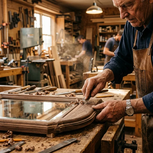 A close-up shot of a craftsman carefully finishing the edge of a wooden mirror frame