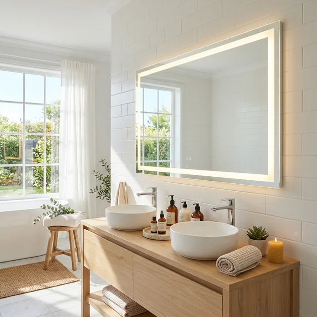 A sunlit bathroom with The Eclipse Mirror creating a soft, ambient glow