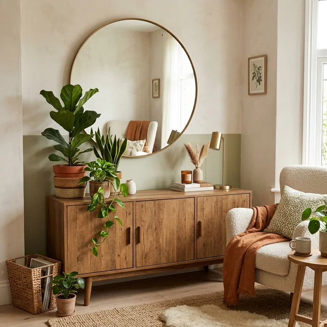 A beautiful living room corner featuring The Horizon Mirror above a plant-adorned sideboard