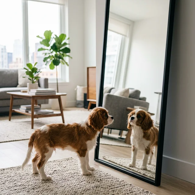 A playful pet looking at its reflection in The Minimalist Mirror
