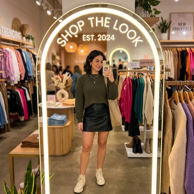 A stylish person taking a mirror selfie, showing off their outfit of the day with The Aura Mirror